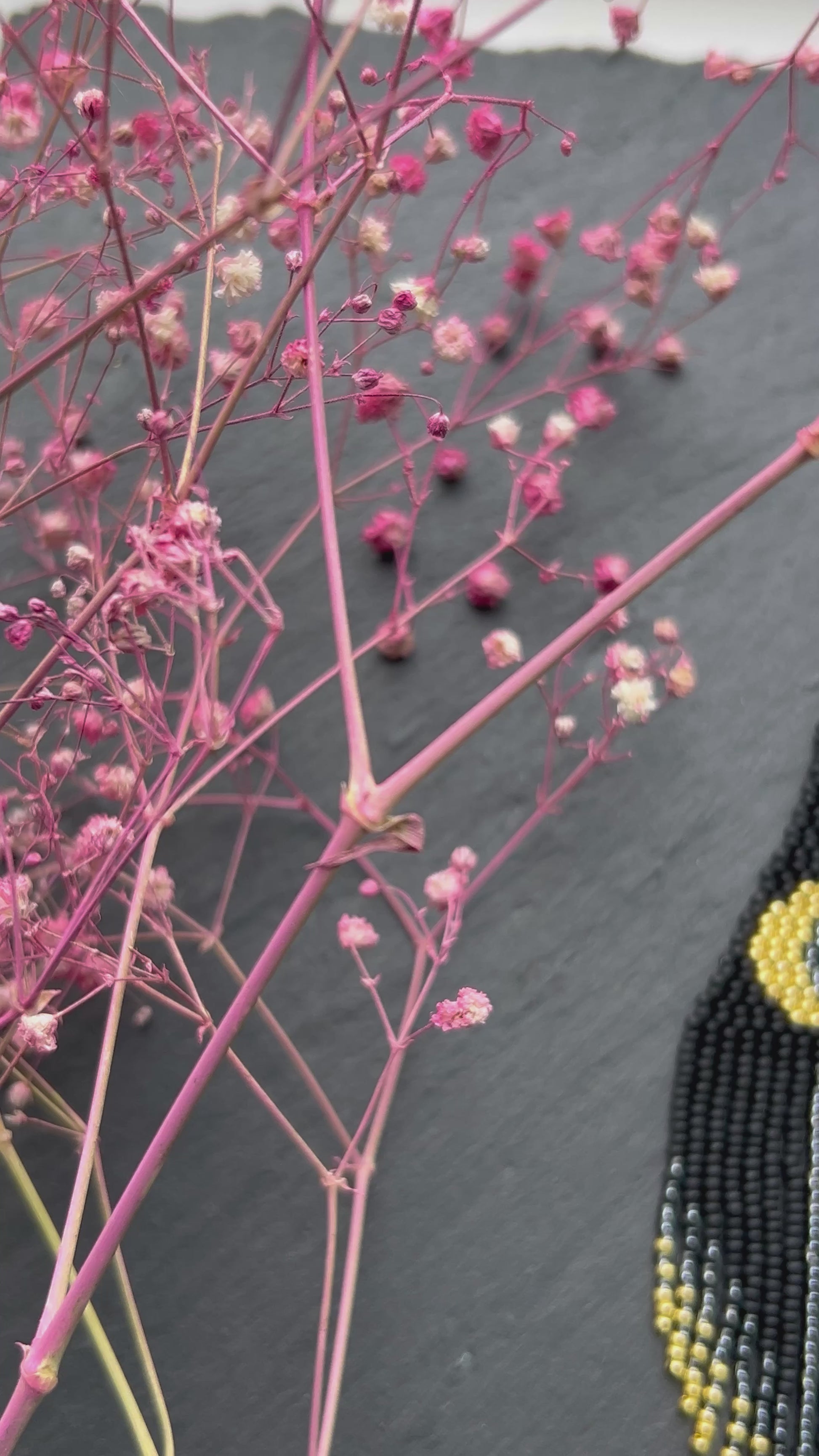 Handmade long black beaded earrings with golden lunar eclipse design and boho fringe. Unique statement jewelry video 1