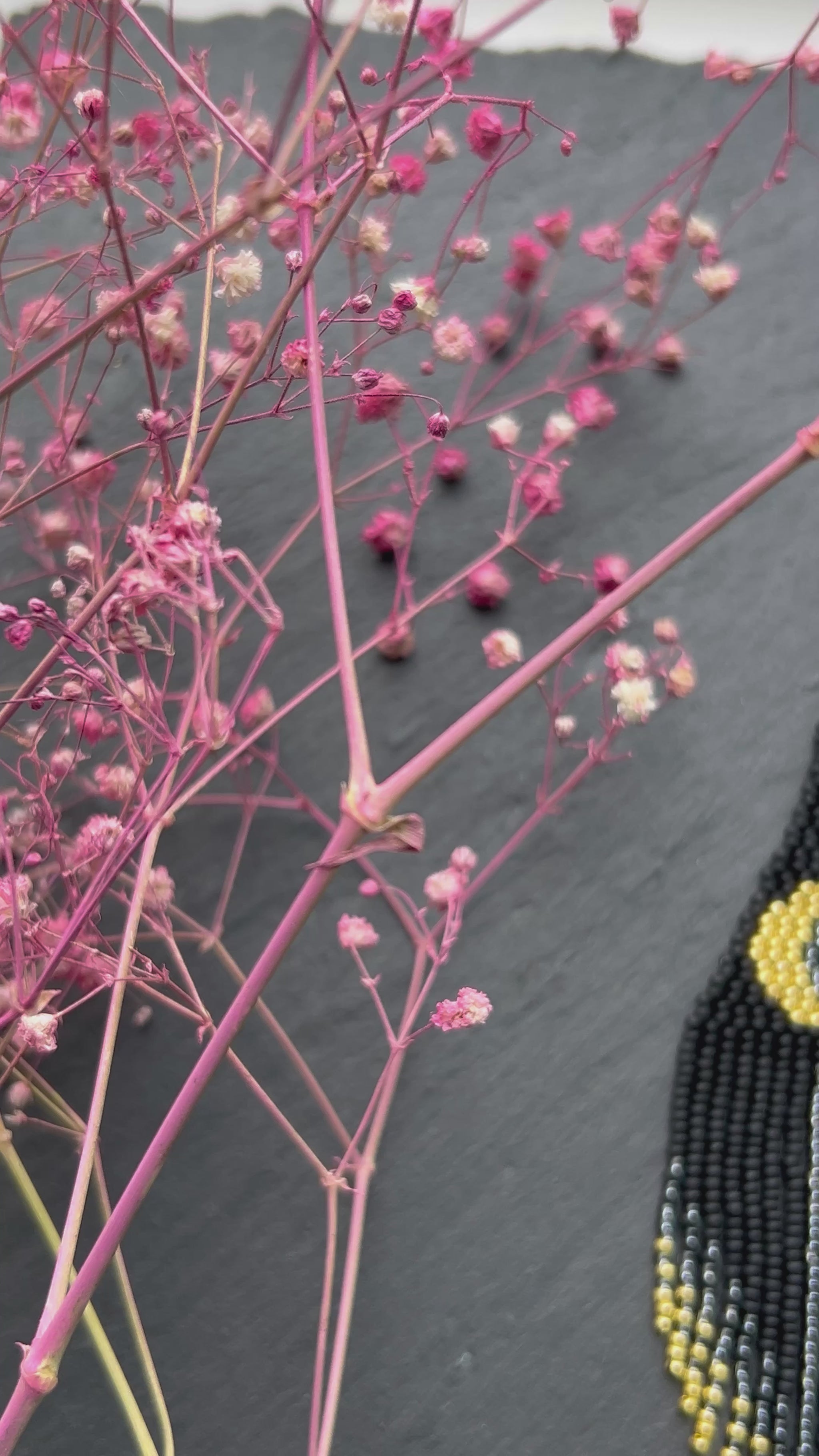 Handmade long black beaded earrings with golden lunar eclipse design and boho fringe. Unique statement jewelry video 1
