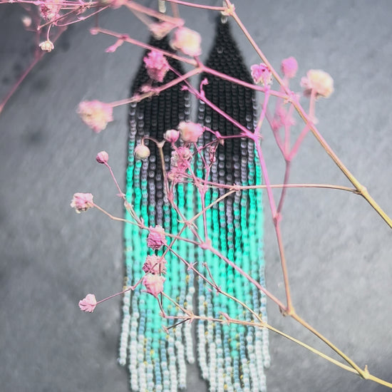 Handmade long black and green beaded fringe earrings with ombre design. Boho statement jewelry, lightweight and stylish video 1