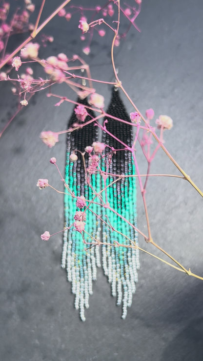 Handmade long black and green beaded fringe earrings with ombre design. Boho statement jewelry, lightweight and stylish video 1