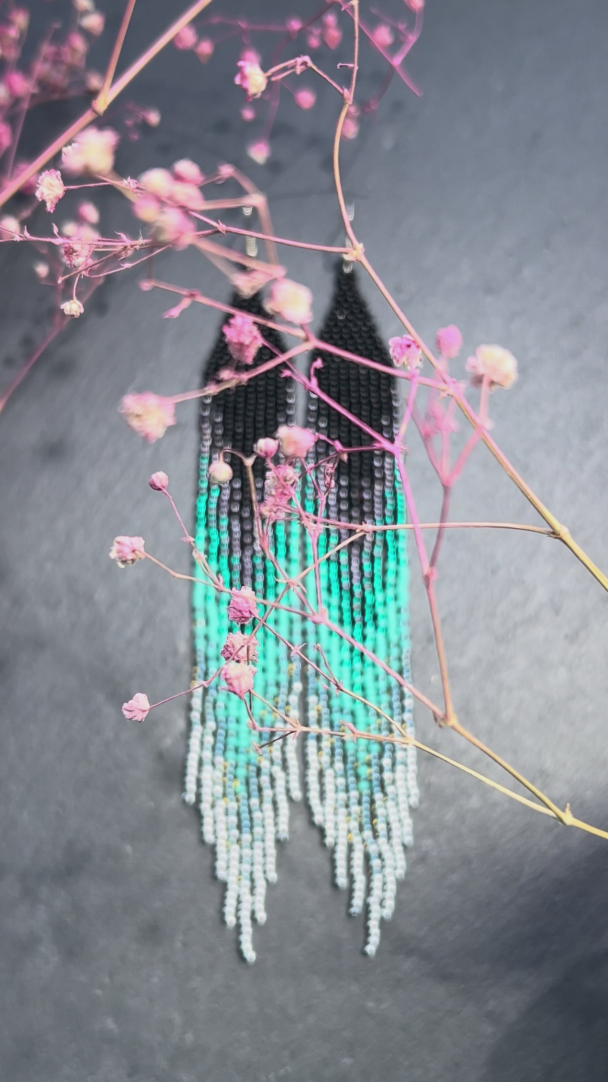 Handmade long black and green beaded fringe earrings with ombre design. Boho statement jewelry, lightweight and stylish video 1