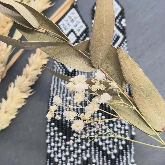 Long black and gray beaded fringe earrings in Native American style. Handmade statement earrings for women, unique ethnic design and perfect gift video 1