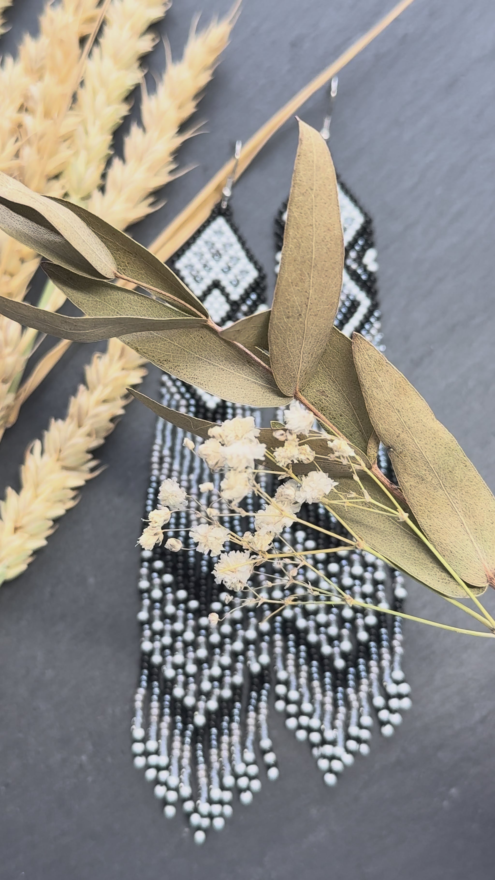 Long black and gray beaded fringe earrings in Native American style. Handmade statement earrings for women, unique ethnic design and perfect gift video 1