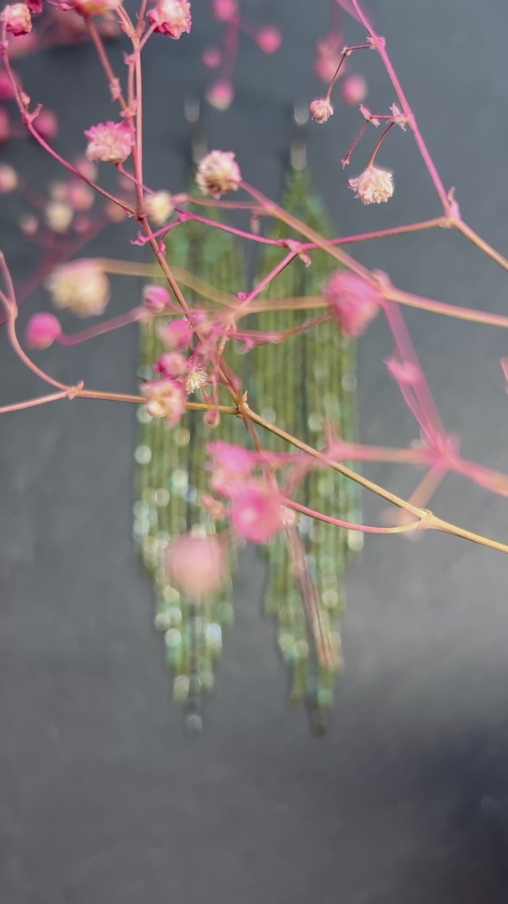Long handmade green beaded earrings with fringe. Boho statement jewelry in natural shades, unique accessory for minimalist and artistic style video 1
