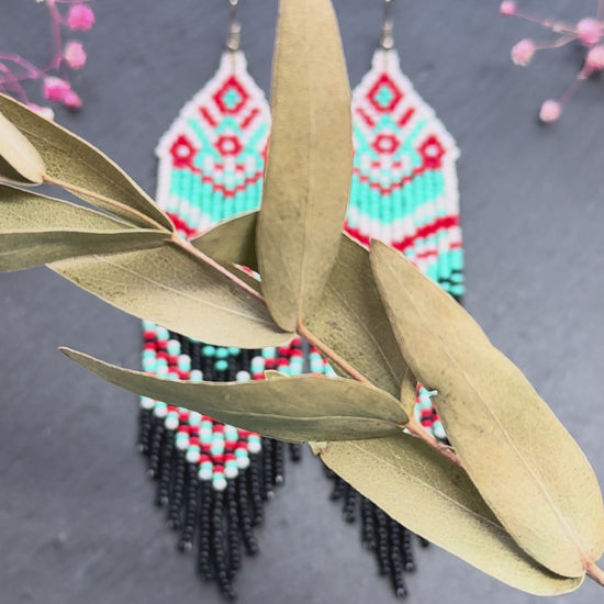 Handmade long bright beaded fringe earrings in red, black and turquoise. Native American motif, boho statement dangle earrings for women, unique gift for her video 1
