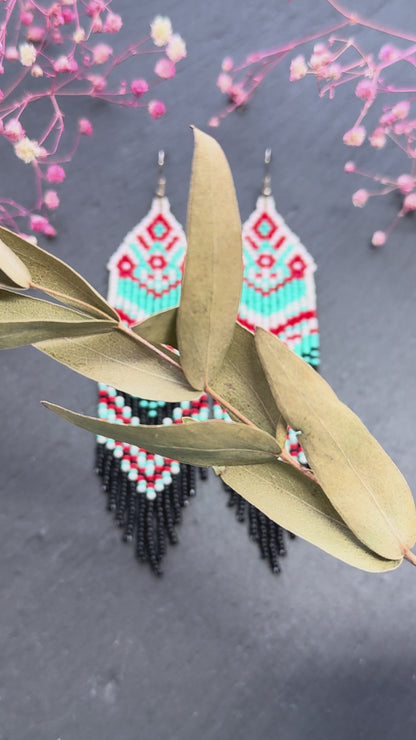 Handmade long bright beaded fringe earrings in red, black and turquoise. Native American motif, boho statement dangle earrings for women, unique gift for her video 1
