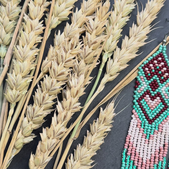 Unique handmade beaded dangle earrings with Native American motif in turquoise, beige and burgundy. Bright boho statement earrings for women, perfect gift video 1