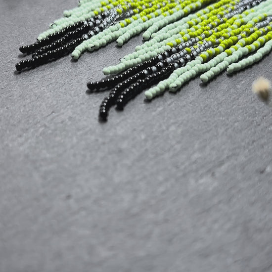 Unique Long black and green beaded ombre earrings with fringe, handmade boho statement jewelry video 1