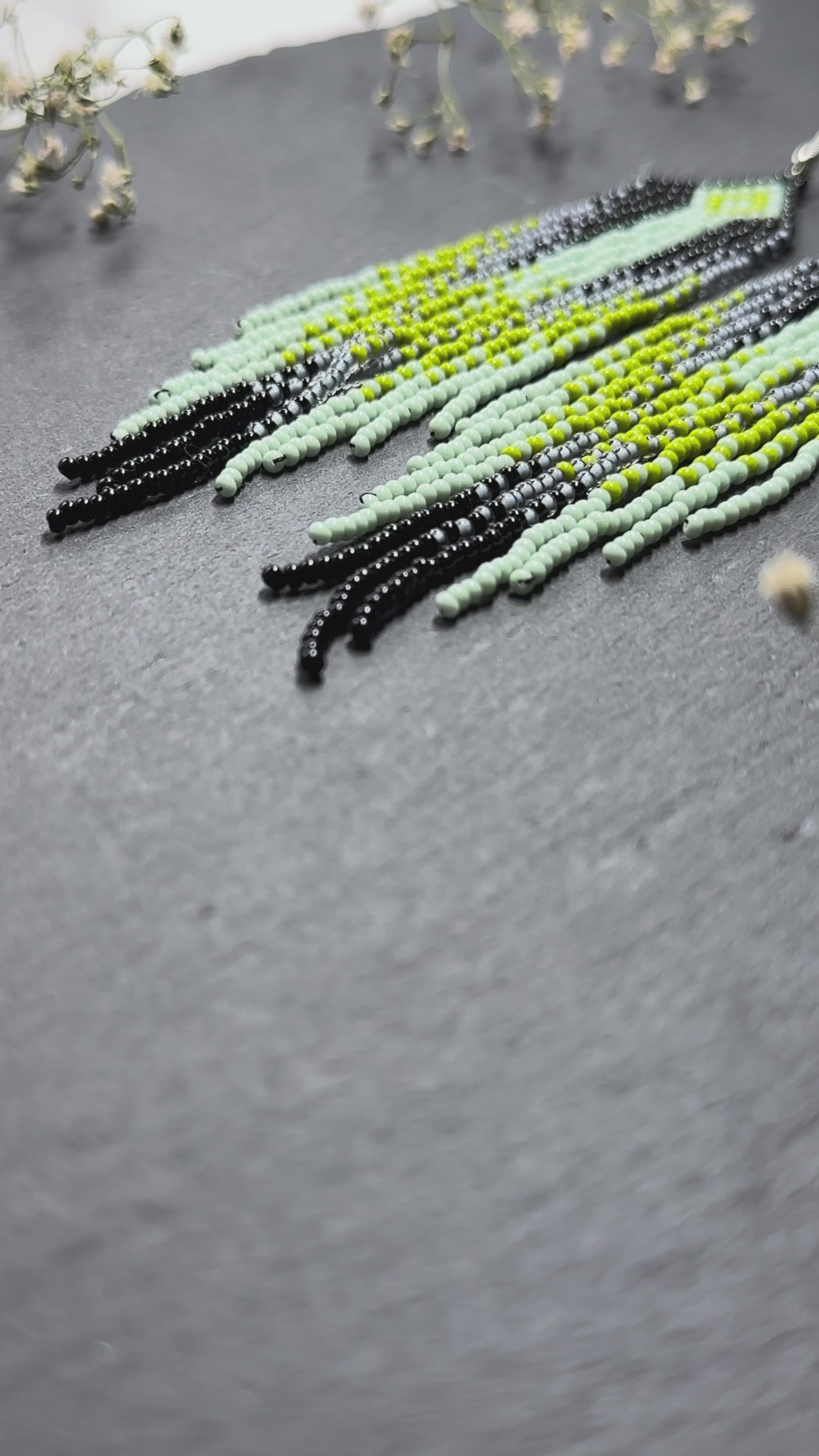 Unique Long black and green beaded ombre earrings with fringe, handmade boho statement jewelry video 1