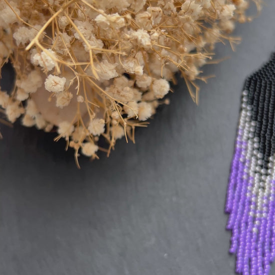 Long handmade black earrings with purple ombre and flowing fringe. Unique boho statement jewelry with elegant design, perfect gift for handmade jewelry lovers video 1