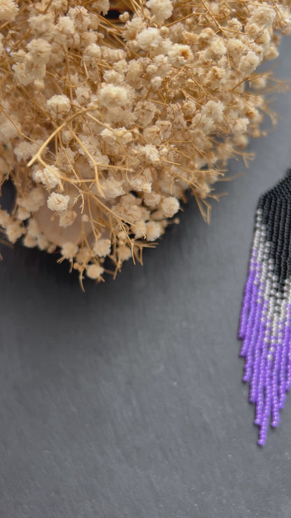 Long handmade black earrings with purple ombre and flowing fringe. Unique boho statement jewelry with elegant design, perfect gift for handmade jewelry lovers video 1