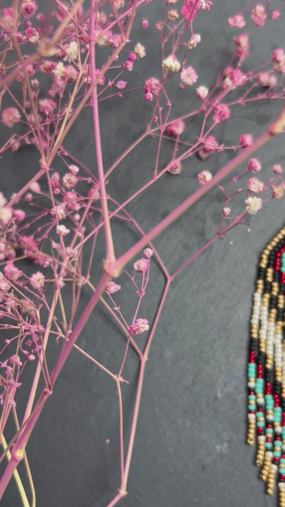 Long Native style beaded earrings with fringe in black, copper, turquoise and red. Handmade ethnic boho jewelry that adds movement and unique style video 1