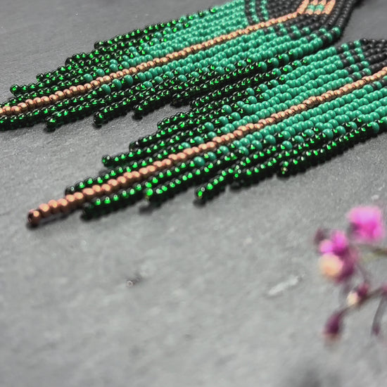 Long handmade black and green beaded earrings with fringe. Boho statement jewelry. Unique native-style statement jewelry, cute bright earrings for women video 1