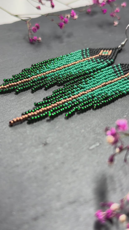 Long handmade black and green beaded earrings with fringe. Boho statement jewelry. Unique native-style statement jewelry, cute bright earrings for women video 1