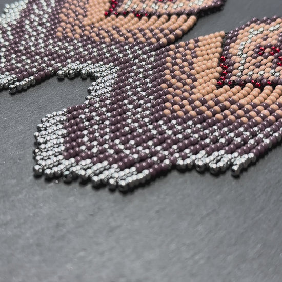 Handmade boho purple and beige beaded earrings with movable fringe. Unique bright statement jewelry with Native American-inspired design and artistic beadwork video 1