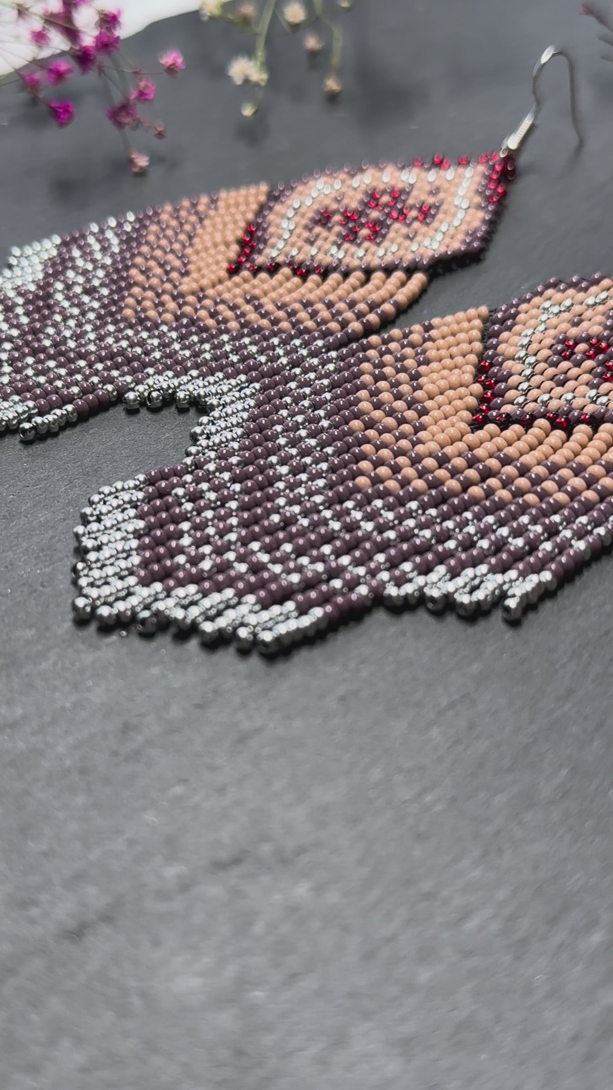 Handmade boho purple and beige beaded earrings with movable fringe. Unique bright statement jewelry with Native American-inspired design and artistic beadwork video 1
