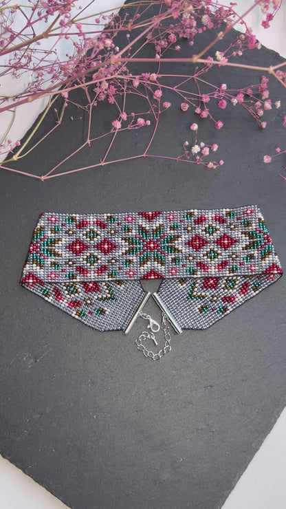 Unique handmade beaded choker necklace with green star and red details. Boho ethnic statement choker, perfect for festival, party, or everyday bohemian style  video 1