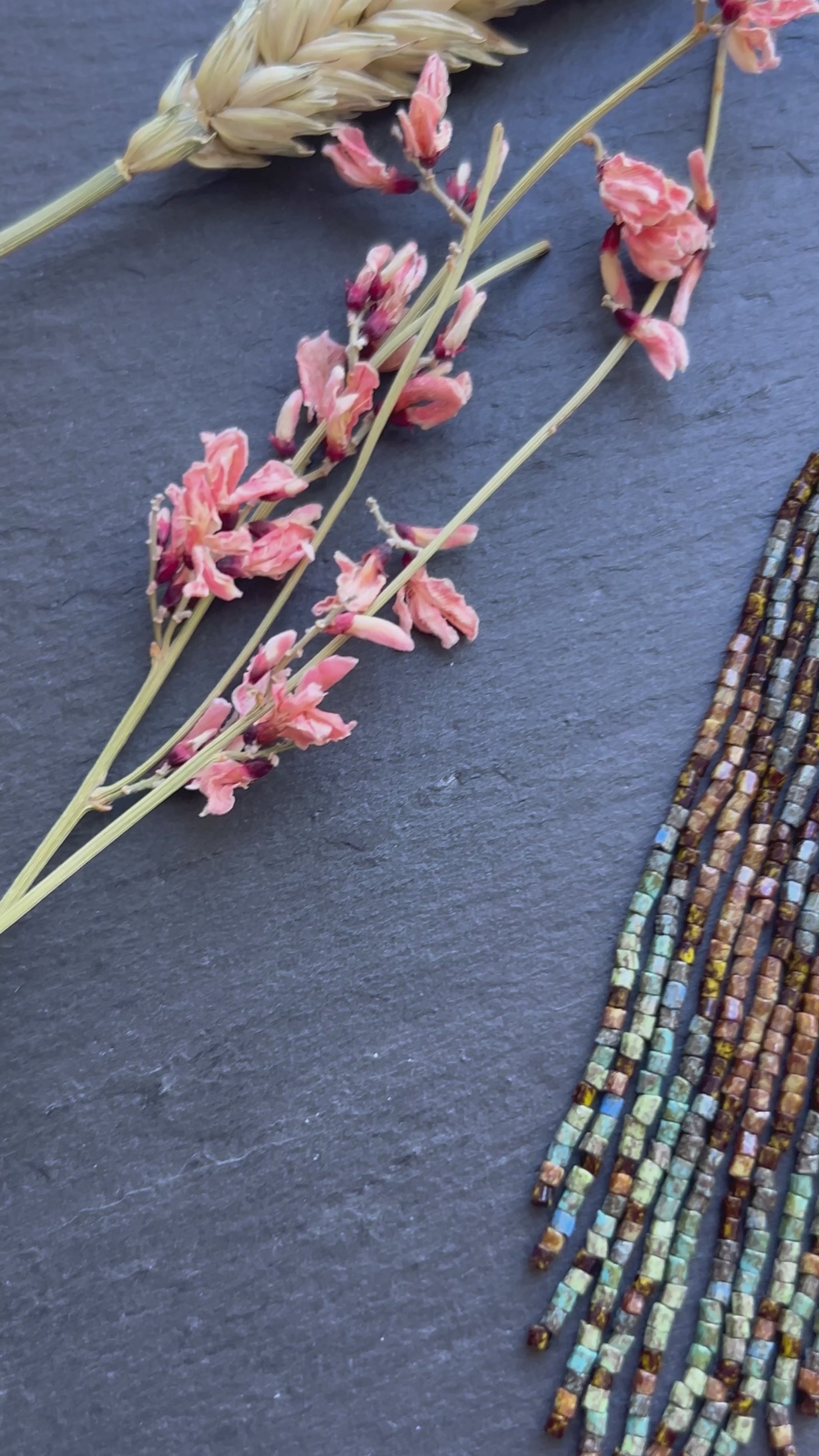 Handmade long beaded earrings in turquoise, green, and brown with fringe. Native American boho statement jewelry, unique artisanal accessory and perfect gift video 1