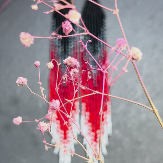 Long black and red ombre handmade beaded earrings with flowing fringe. Unique boho statement jewelry, perfect gift for women video 1