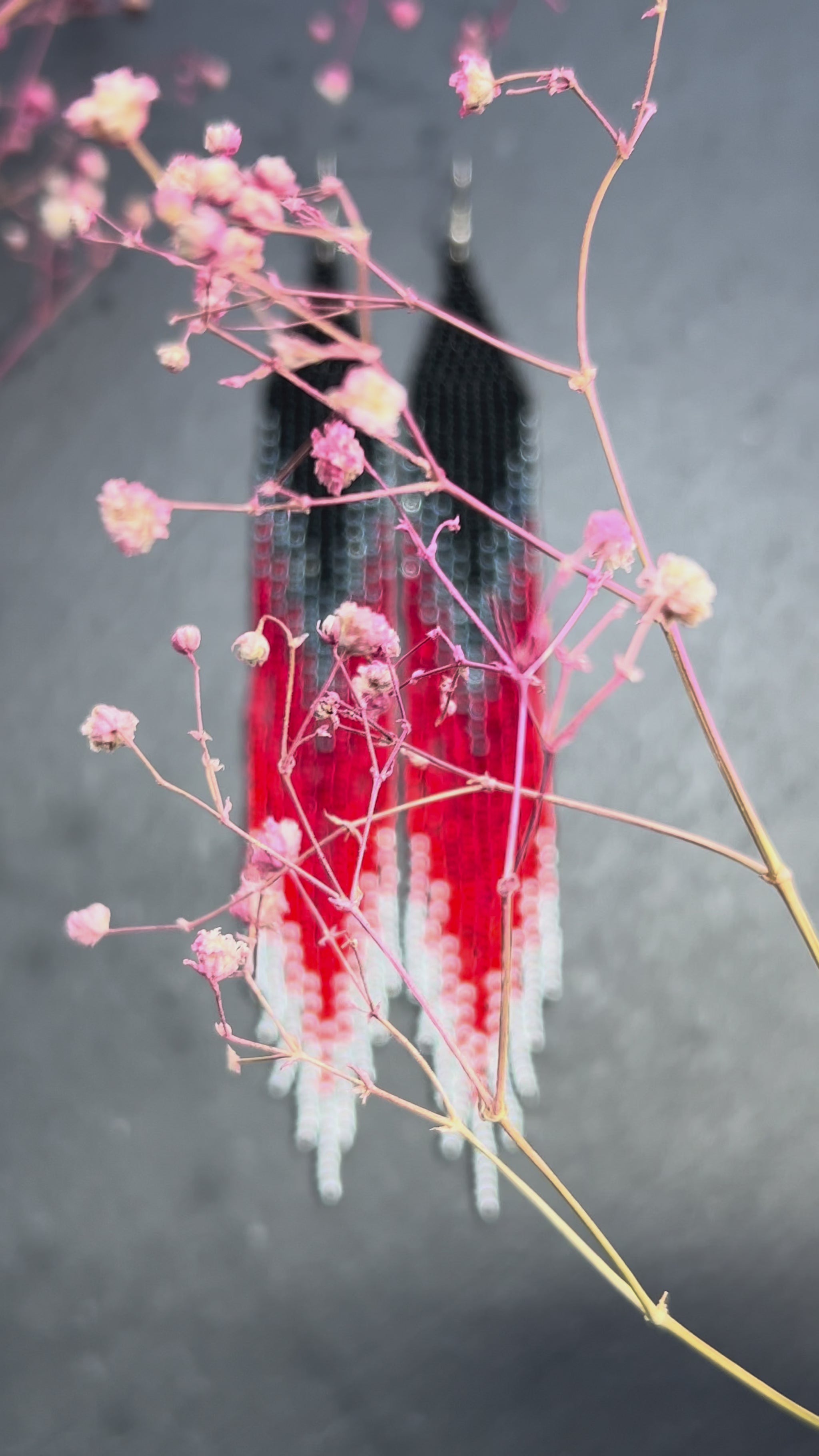 Long black and red ombre handmade beaded earrings with flowing fringe. Unique boho statement jewelry, perfect gift for women video 1