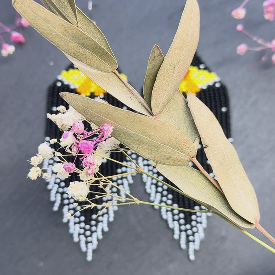 Handmade black and silver beaded butterfly earrings. Bright yellow butterfly, unique modern boho statement dangle earrings, jewelry gift for women video 1