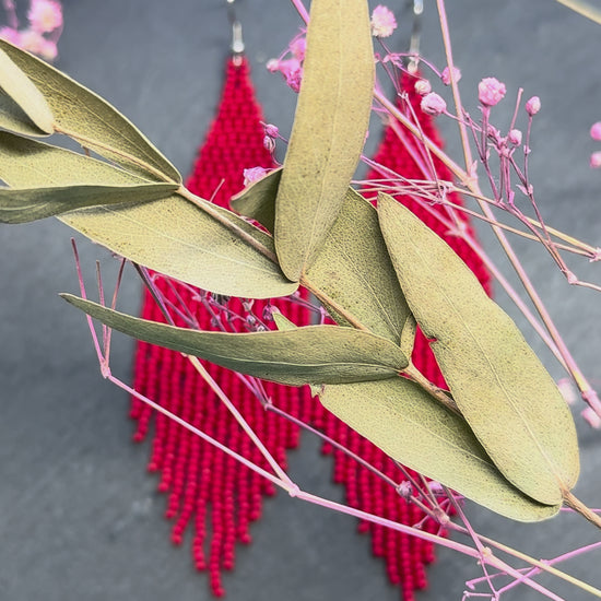 Unique handmade long red beaded dangle earrings with fringe in bright boho style. Modern statement jewelry for women, perfect gift for her video 1