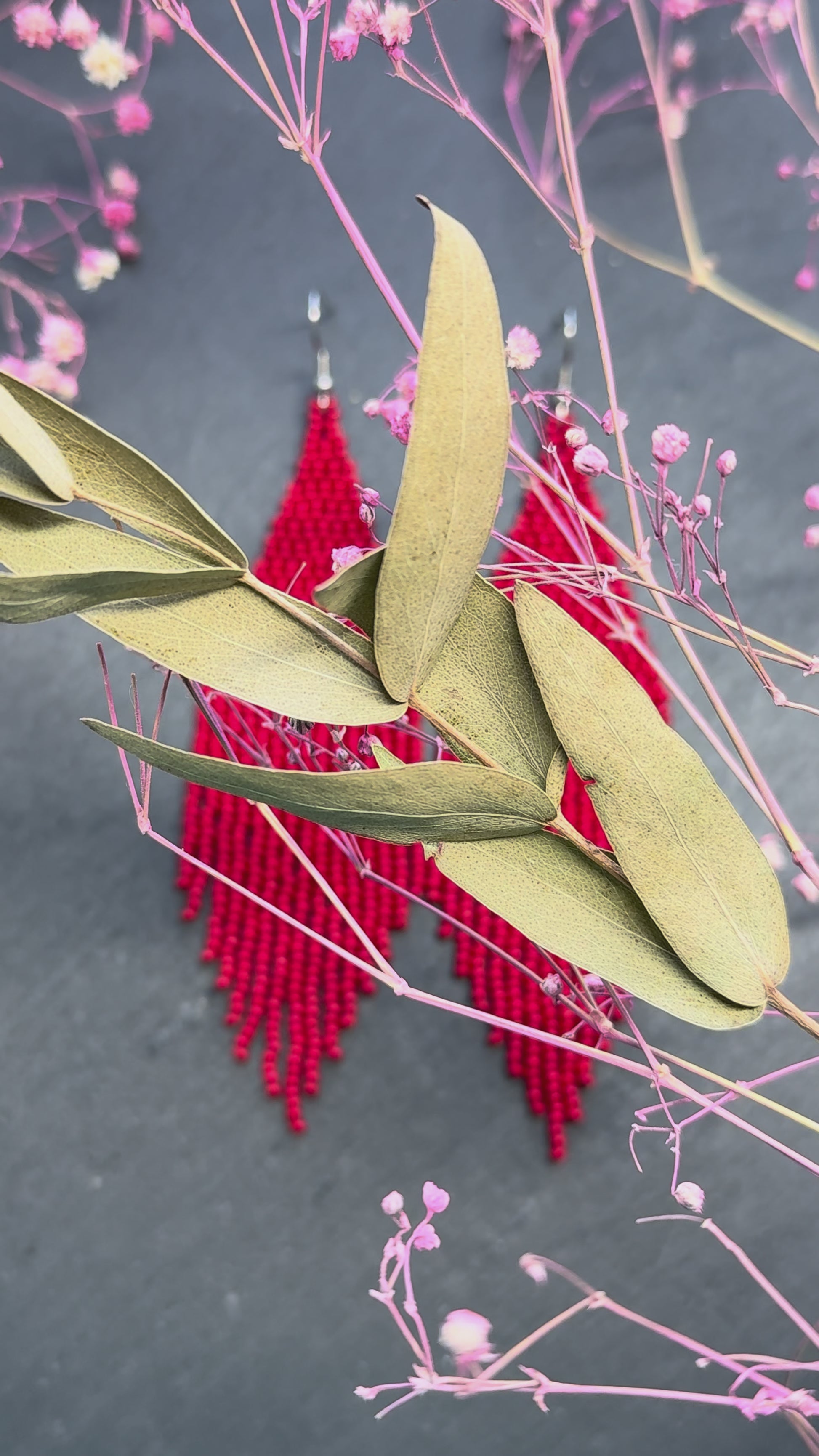 Unique handmade long red beaded dangle earrings with fringe in bright boho style. Modern statement jewelry for women, perfect gift for her video 1